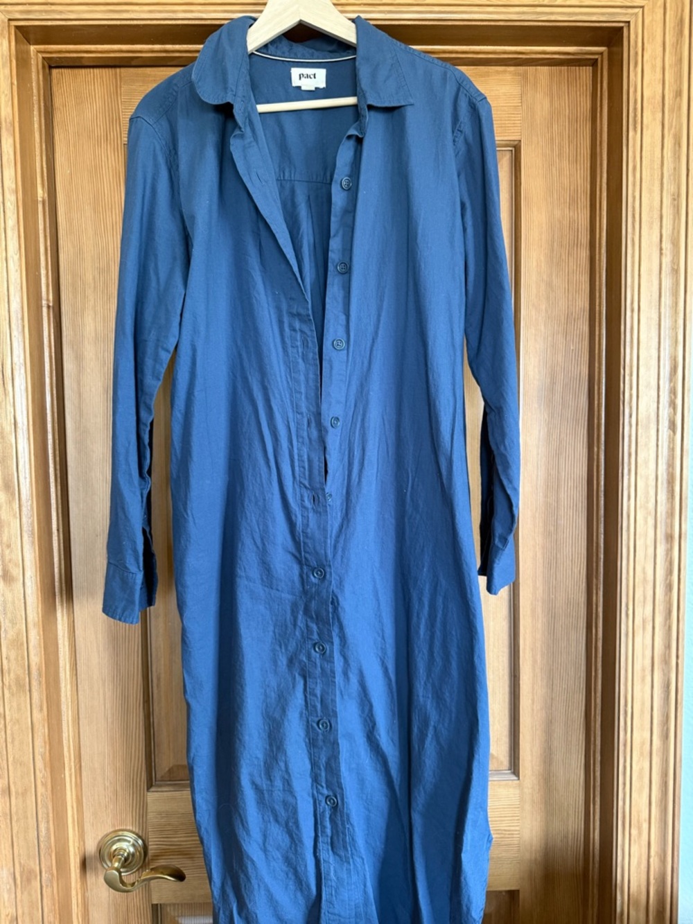 Pact Blue Long-Sleeve Button-Front Maxi Shirt Dress